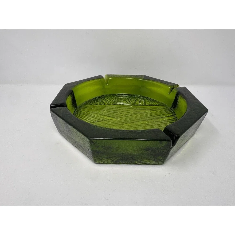 MCM Vintage Green Glass Ashtray Geometric Textured 10” Hexagon